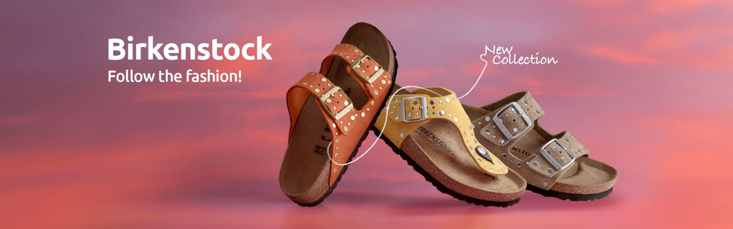 Birkenstock sandals on a gradient pink and orange background with 'New Collection' text.