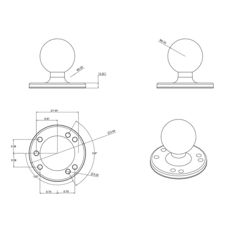 RAM MOUNT Mounting base for flat surface, "ball" RAM-202U In preparation Your Sports Performance