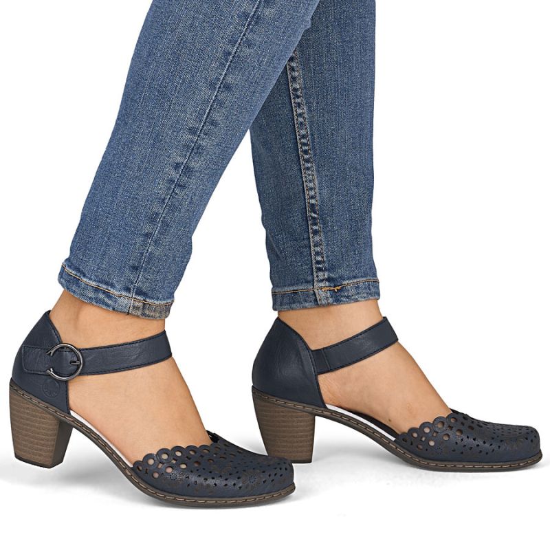 Women's leather sandals with a comfortable heel, openwork, navy blue, Rieker 40902-14 Rieker
