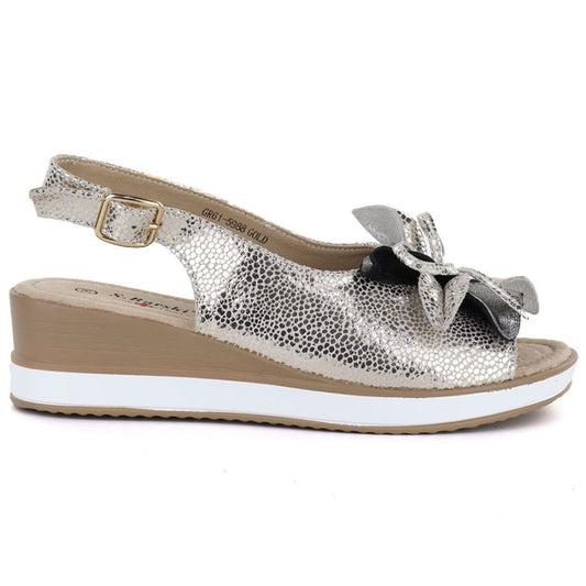 Women's leather sandals with a flower, gold, S.Barski 5988 S.Barski