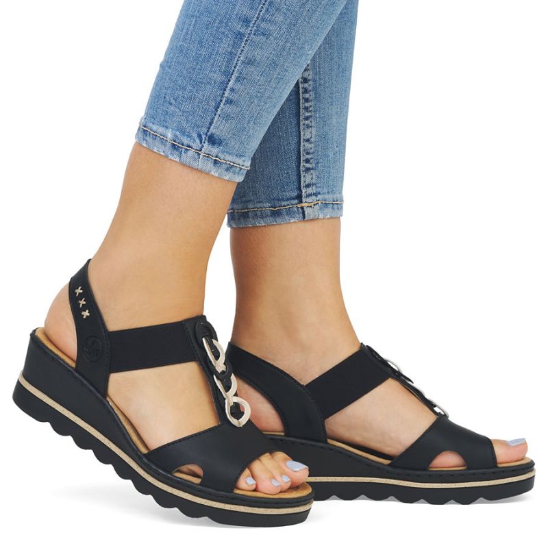 Women's comfortable platform wedge sandals black Rieker 67498-00 Rieker