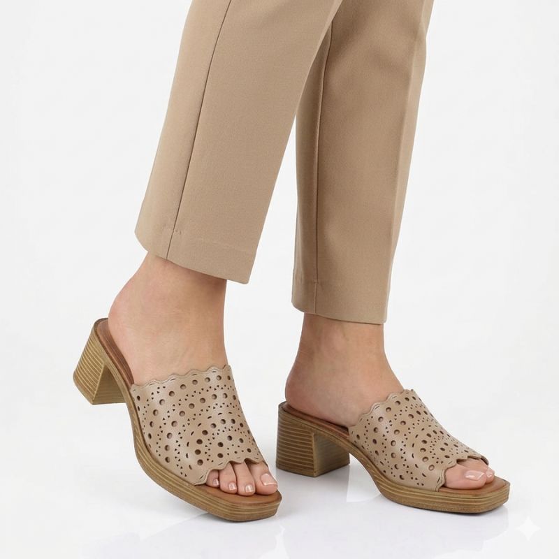 Women's openwork beige mules with a heel M.Daszyński MR2598-7 M. Daszyński