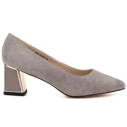 Women's leather shoes with a decorative block heel, beige Vinceza 26-66921 Vinceza