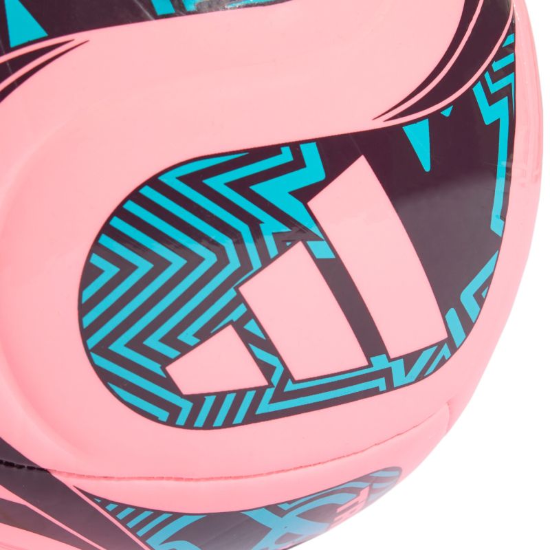 Angled view of Trionda Club football emphasizing panel seams, butyl bladder note, and clear printed World Cup 26 graphics in pink tones.