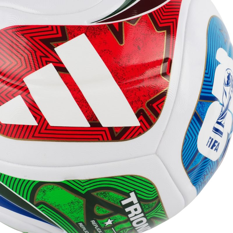 Angled studio image of adidas JD8030 Trionda League football displaying butyl bladder indicator, bold multicolor Trionda design, and match-style construction