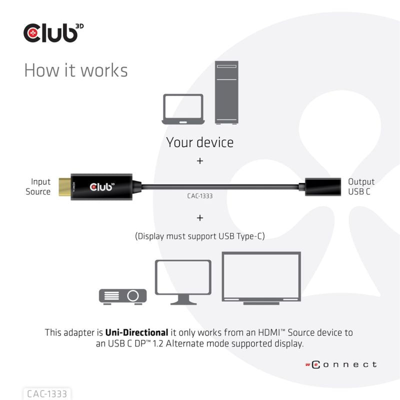 CLUB 3D CAC-1333 Cable Adapter 0.22m HDMI Type-A (Standard) USB Type-C Black Kable i adaptery/Adaptery, przejściówki Your Sports Performance
