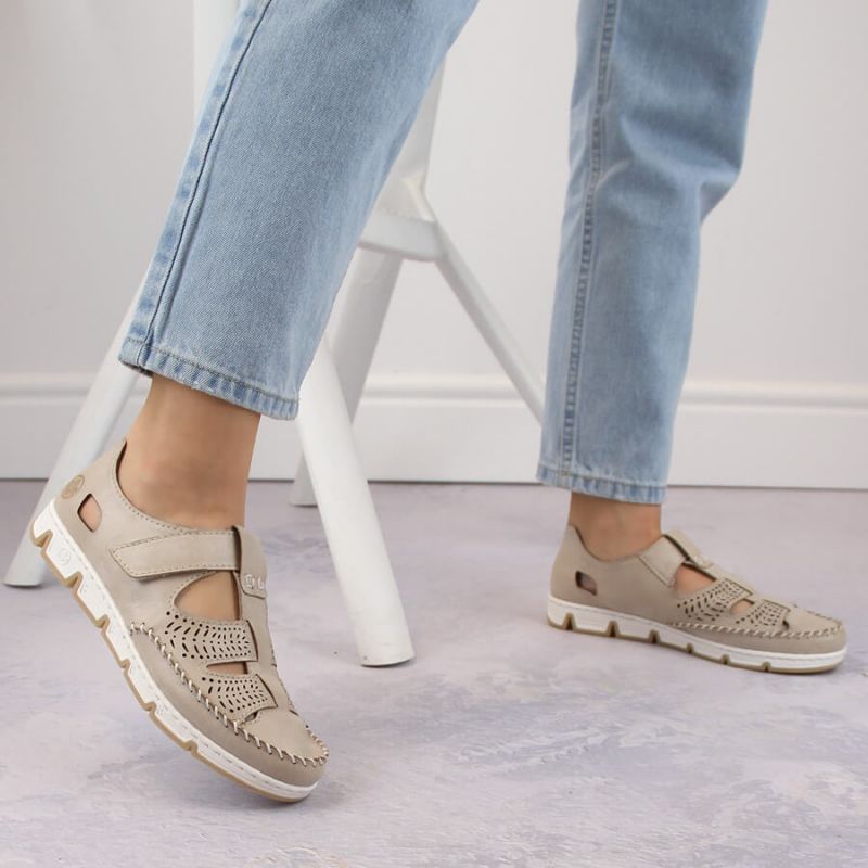 Rieker W RKR651 beige leather openwork shoes with velcro Footwear/Lifestyle/Rieker Your Sports Performance
