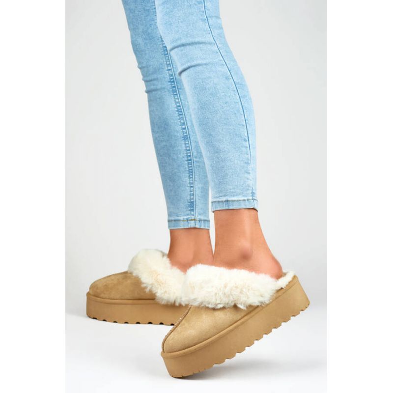 Women's slippers on a platform with fur, beige 81366-4-KH Footwear Your Sports Performance