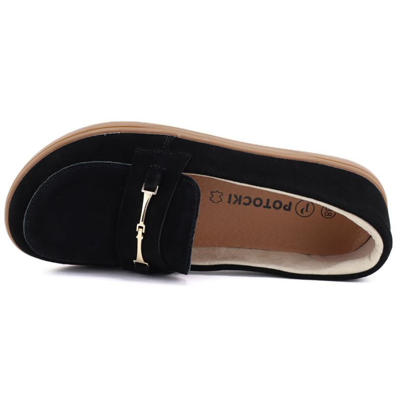 Women's leather moccasin shoes, wide, black, Potocki JE19507