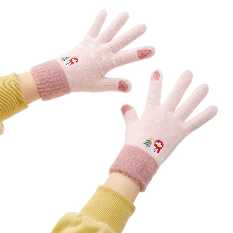 Women's winter telephone gloves with a snowman and a Christmas tree - pink Hurtel