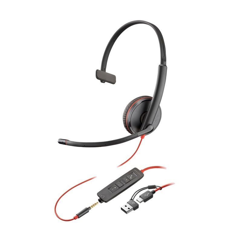 POLY Blackwire 3215 Single-Ear USB-C Headset + 3.5mm Plug + USB-C/A Adapter (Bulk Pack) Akcesoria GSM/Słuchawki przewodowe Your Sports Performance