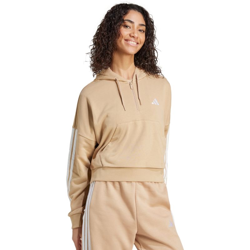 Women's Essentials 3-Stripes French Terry Hoodie Quarter Zip Beige JX7676 In preparation Your Sports Performance