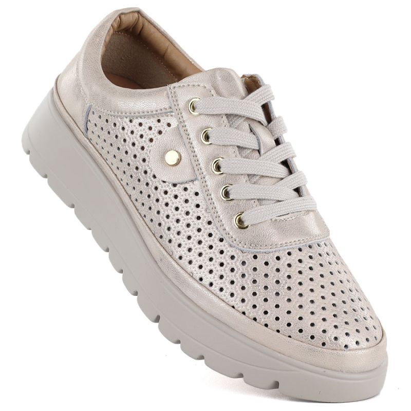 Women's leather openwork shoes, gold, Vinceza 79629 Vinceza