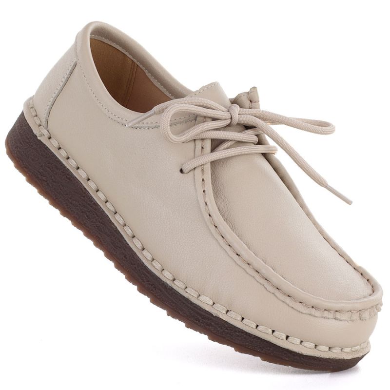 Women's leather lace-up moccasins, beige, Artiker 58C1519 Artiker