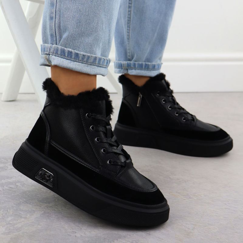 Black leather platform ankle boots with fur Cambell 25-19352 To be categorized Your Sports Performance