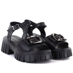 Women's leather sandals on a platform with decoration, black Vinceza 26-79611 Vinceza