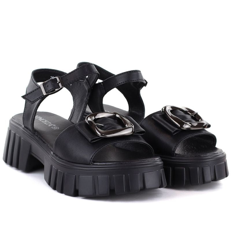 Women's leather sandals on a platform with decoration, black Vinceza 26-79611 Vinceza