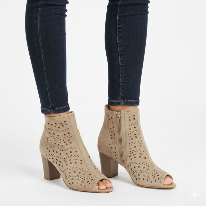 Women's openwork suede high-heeled ankle boots in beige Jezzi ASA283-8 To be categorized Your Sports Performance