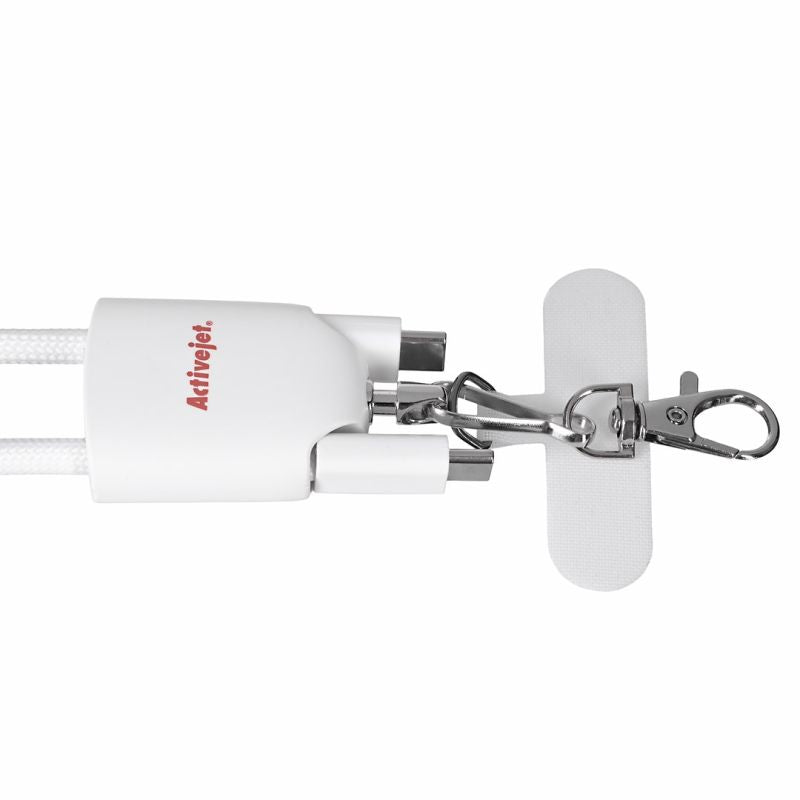Activejet 3-in-1 white lanyard with charging cable. Available with various connectors: USB-C, Lightning Adapter, USB-A. _Gadżety i Prezenty/Gadżety Your Sports Performance
