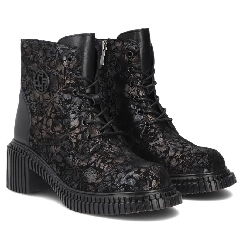 Women's leather ankle boots with a floral pattern, black Filippo DBT8072/26
