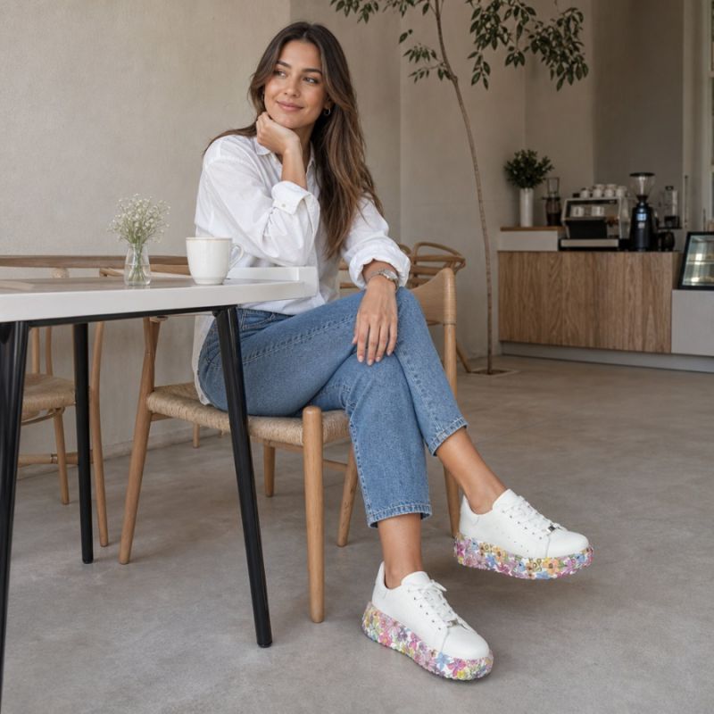 Leather platform sneakers with white floral print Filippo DP7507