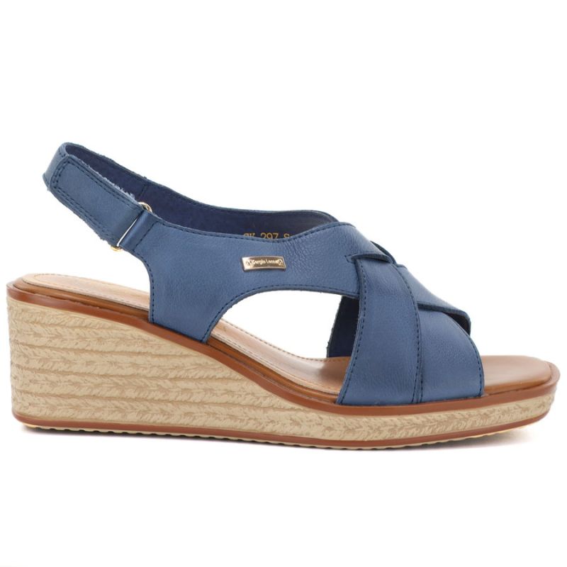 Sergio Leone SK297 Navy Blue Women's Leather Wedge Sandals LEONE