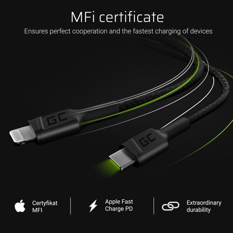 GREEN CELL CABLE KABGC07 GC POWER STREAM USB-C - LIGHTNING 100CM (MFI CERTIFIED) Kable i adaptery/Kable USB Your Sports Performance