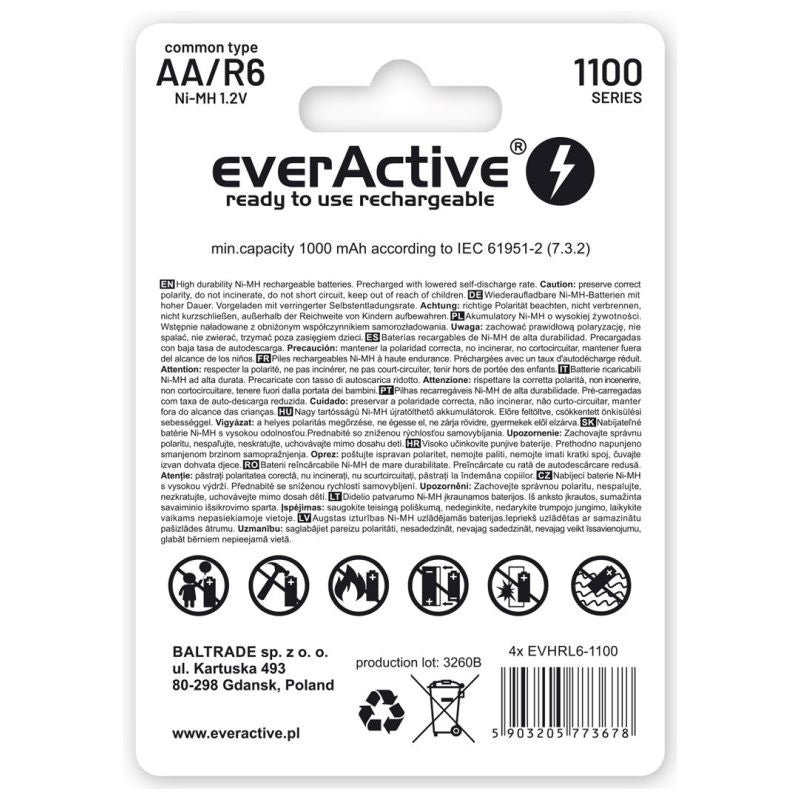 EVERACTIVE AA / R6 BATTERIES EVERACTIVE NI-MH 1100 MAH INFINITY LINE - BLISTER OF 4 EVHRL6-1100 Baterie, akumulatorki i ładowarki/Akumulatorki Your Sports Performance