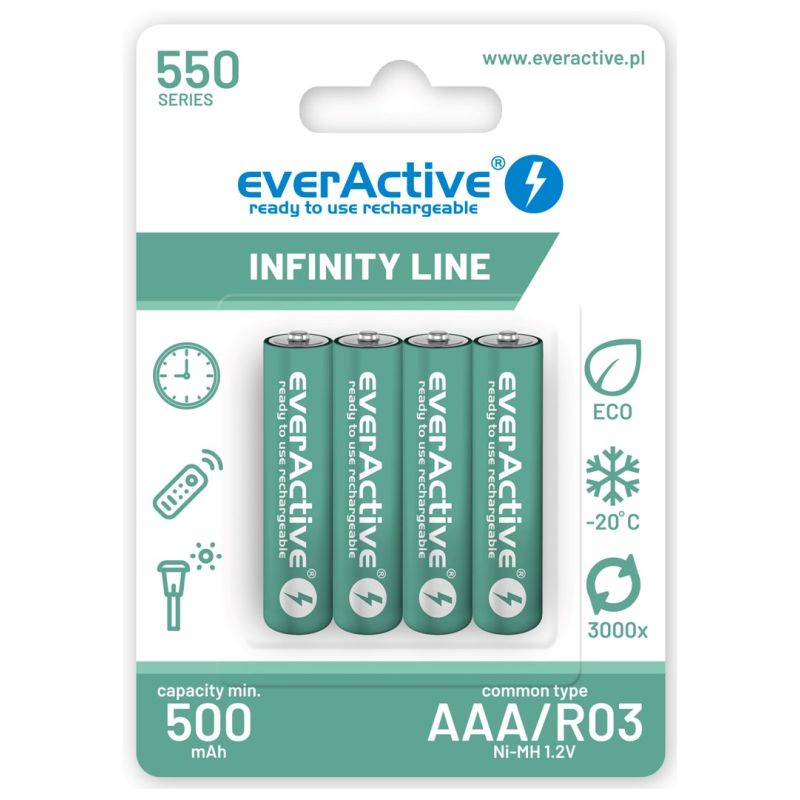 EVERACTIVE BATTERIES R03/AAA NI-MH 550 MAH INFINITY LINE - BLISTER 4 PIECES EVHRL03-550 Baterie, akumulatorki i ładowarki/Akumulatorki Your Sports Performance