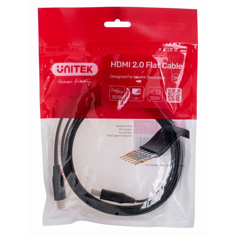 UNITEK HDMI 2.0 CABLE 4K60HZ, FLAT, 2M, C11063BK-2M Kable i adaptery/Kable HDMI Your Sports Performance