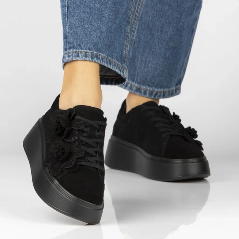 Women's leather sneakers on a platform with flowers, suede, black Filippo DP8113