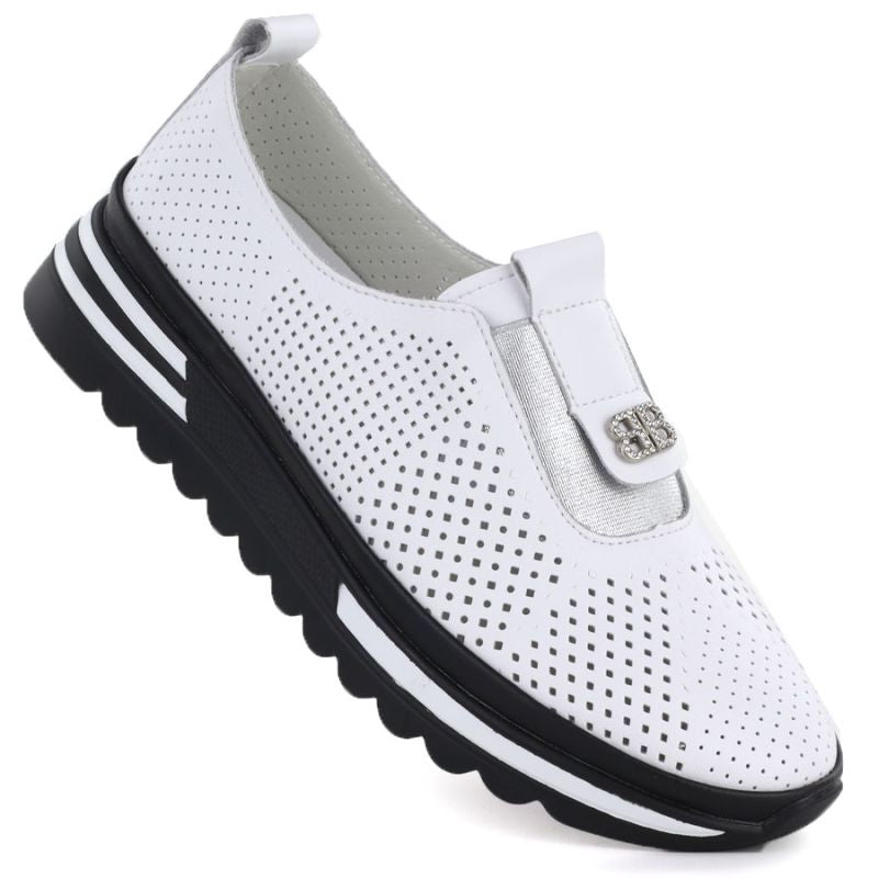 Women's leather openwork platform shoes, white, S.Barski 7092 S.Barski