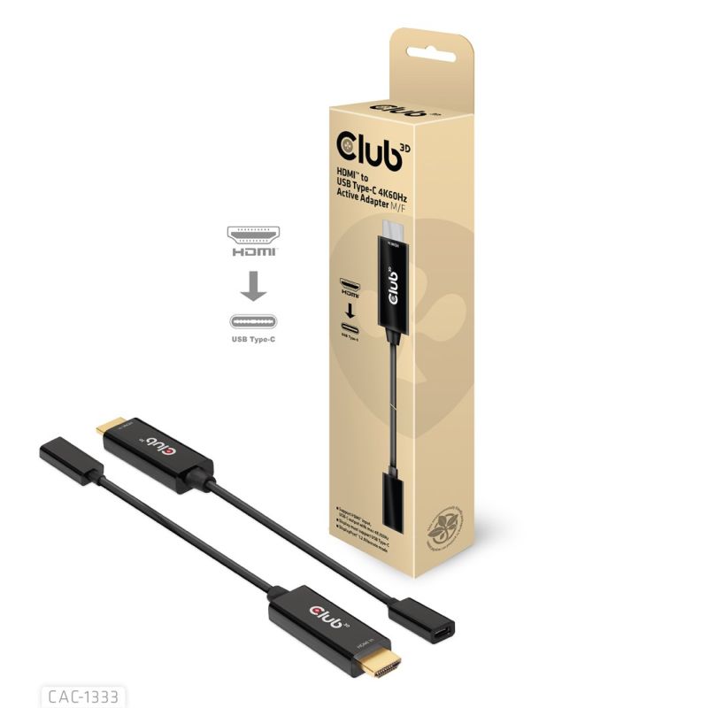 CLUB 3D CAC-1333 Cable Adapter 0.22m HDMI Type-A (Standard) USB Type-C Black Kable i adaptery/Adaptery, przejściówki Your Sports Performance