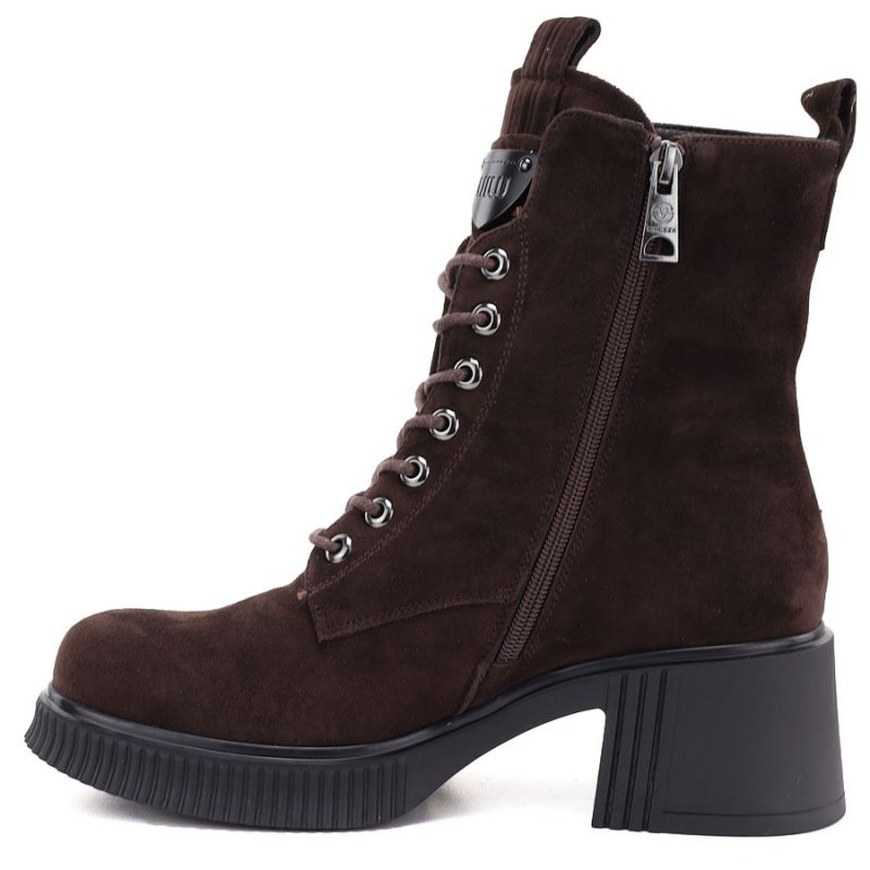 Women's leather ankle boots with a block heel and platform, chocolate brown, Vinceza 67009
