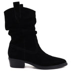 Black Ruched Leather Cowboy Ankle Boots for Women Sergio Leone BT-16-S