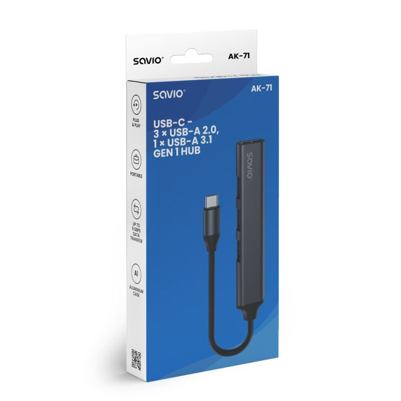 SAVIO HUB USB-C - 3 X USB-A 2.0, 1 X USB-A 3.0, GRAY, AK-71 Kable i adaptery/Adaptery, przejściówki Your Sports Performance