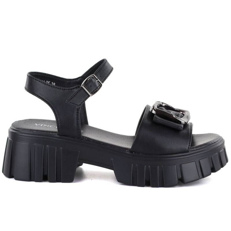 Women's leather sandals on a platform with decoration, black Vinceza 26-79611 Vinceza