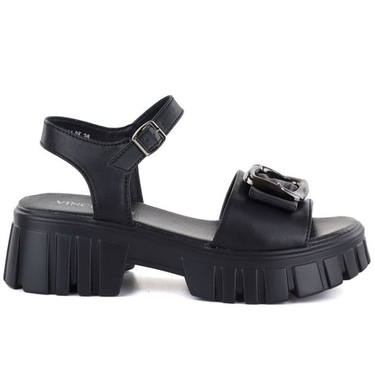 Women's leather sandals on a platform with decoration, black Vinceza 26-79611 Vinceza