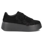 Women's leather sneakers on a platform with flowers, suede, black Filippo DP8113