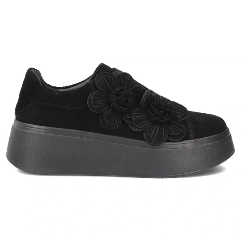 Women's leather sneakers on a platform with flowers, suede, black Filippo DP8113