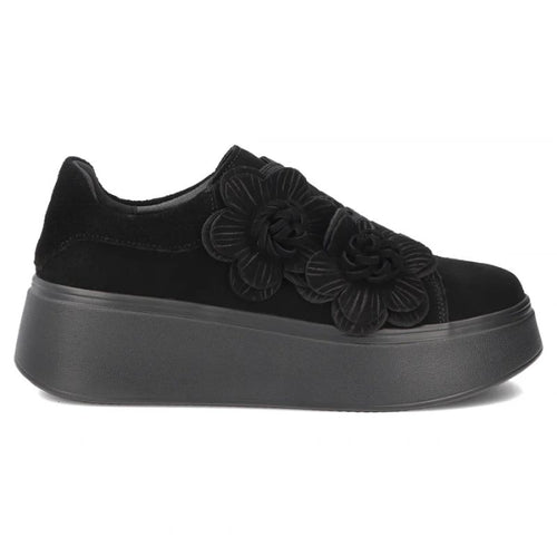 Women's leather sneakers on a platform with flowers, suede, black Filippo DP8113