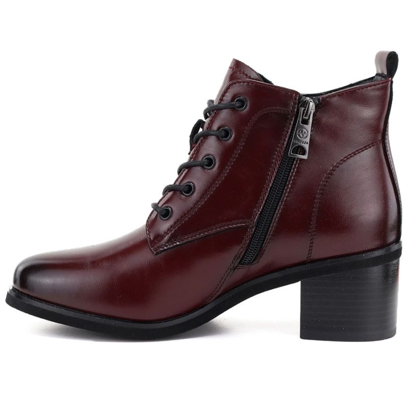 Women's leather lace-up high-heeled ankle boots, burgundy, Vinceza EN27-133107