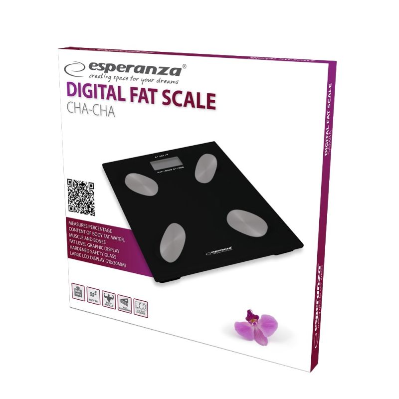 ESPERANZA DIGITAL BATHROOM SCALE WITH BODY FAT MEASUREMENT CHA-CHA BLACK EBS022K AGD - Produkty/Wagi łazienkowe Your Sports Performance