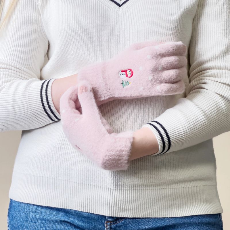 Women's winter telephone gloves with a snowman and a Christmas tree - pink Hurtel