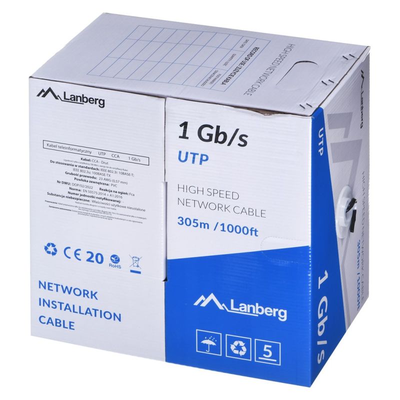 LANBERG UTP CABLE 1GB/S 305M CCA WIRE BLACK LCU6-10CC-0305-BK Kable, gniazda i wtyki/Kable sieciowe Your Sports Performance
