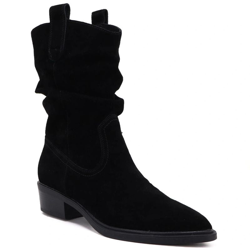 Black Ruched Leather Cowboy Ankle Boots for Women Sergio Leone BT-16-S