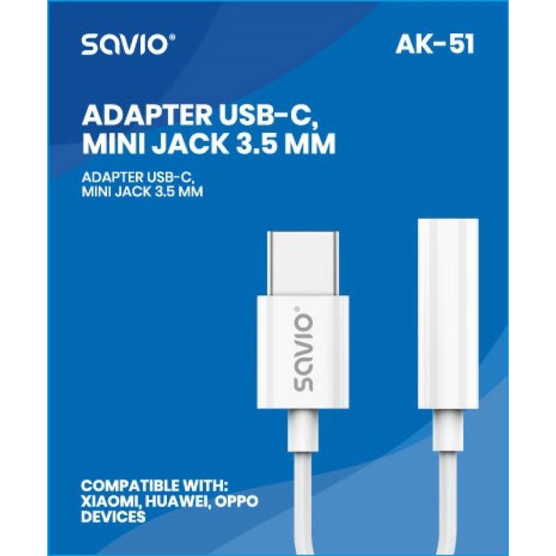 SAVIO ADAPTER USB-C - MINI JACK 3.5 MM (F) AK-51 Kable i adaptery/Adaptery, przejściówki Your Sports Performance