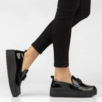 Women's leather platform moccasins, patent leather, black, Filippo DP8269
