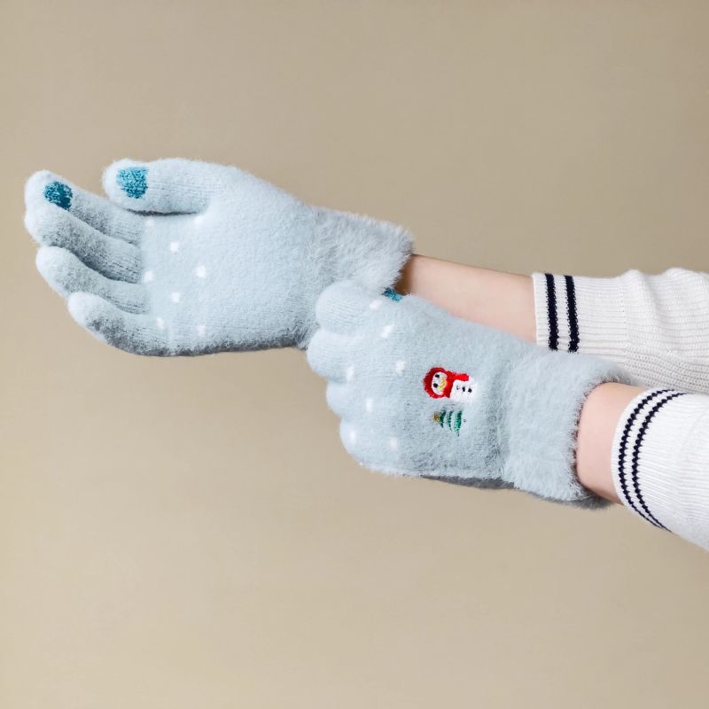 Women's winter telephone gloves with a snowman and a Christmas tree - green Hurtel