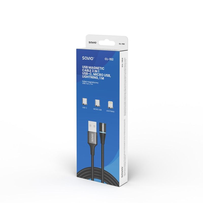 SAVIO MAGNETIC CABLE USB - USB TYPE C, MICRO AND LIGHTNING, 1M, BLACK CL-152 Kable i adaptery/Kable USB Your Sports Performance